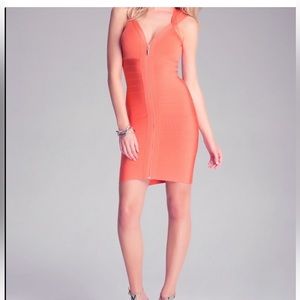 Bebe Deep V Zipper Dress size XS orange bodycon